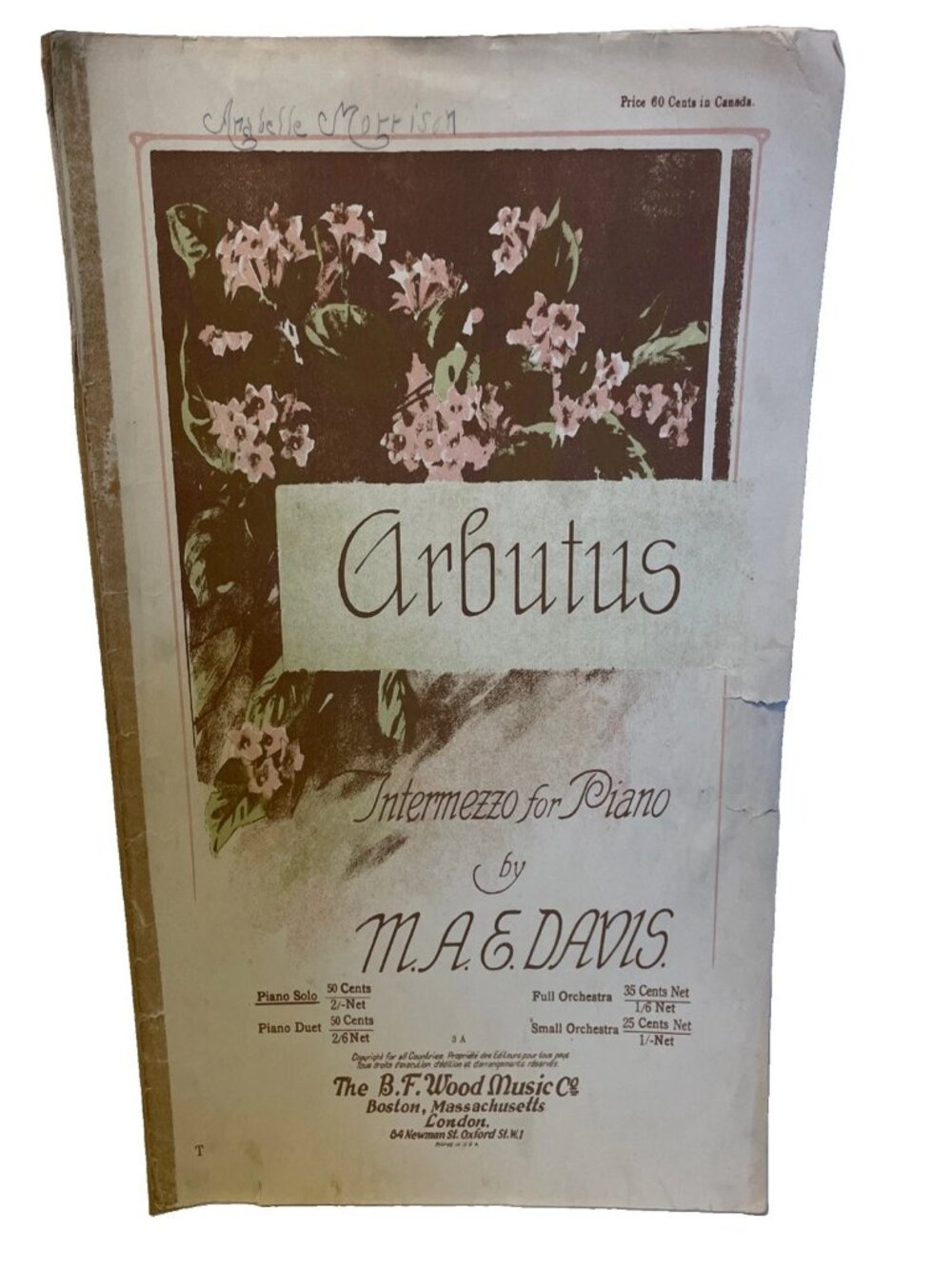 1909 Arbutus Intermezzo For Piano Sheet Music M.A.E. Davis B.F. Wood 2614-4